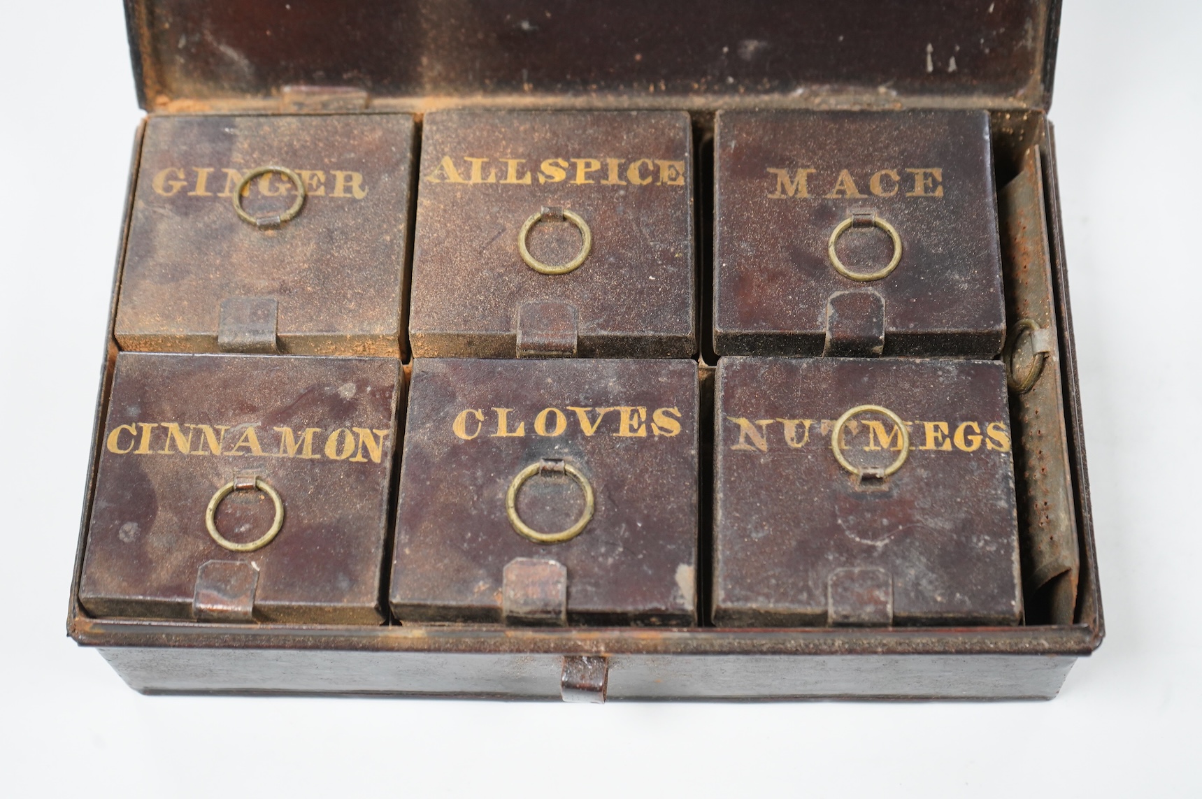 A Victorian compartmentalised spice tin to include Ginger, Allspice and Mace, with original grater, 20cm wide